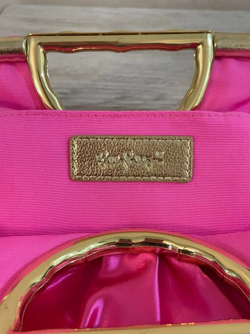 New Lilly Pulitzer Culver Clutch Bag Cerise Pink Satin Gold Metal Bamboo Handle
